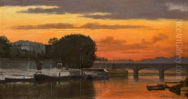 Le Pont De La Concorde Au Couchant, Paris Oil Painting by Charles-Francois Daubigny