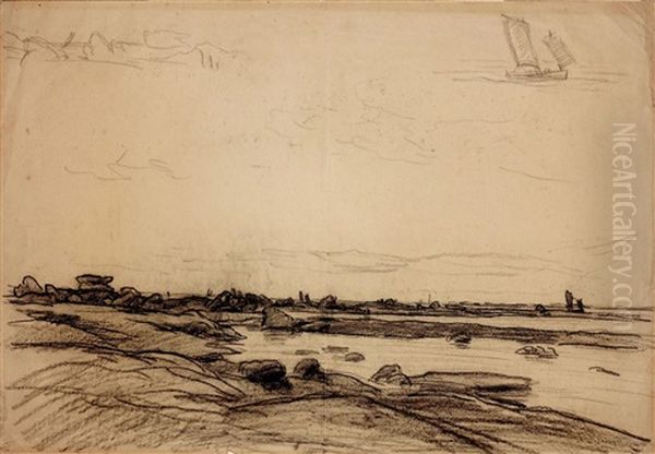 La Cote A Maree Basse, Avec Reprise D'un Voilier En Haut A Droite Oil Painting by Charles-Francois Daubigny