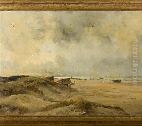 French Barbizon Coastal Scene With Fishermen Oil Painting by Charles-Francois Daubigny