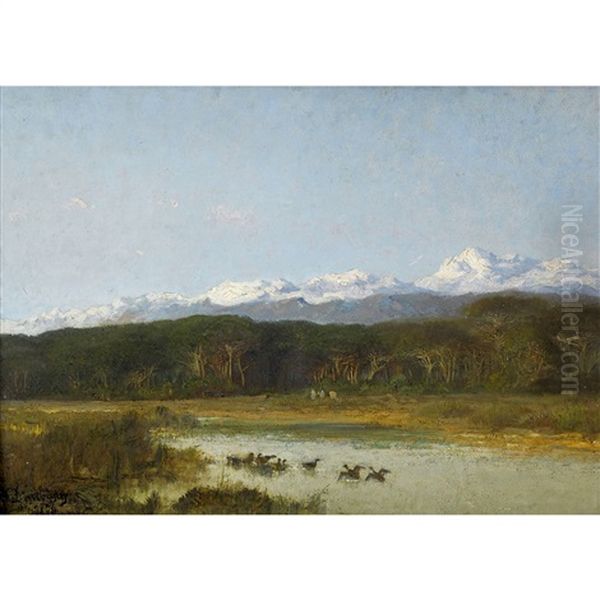 Entenschar Vor Alpenkulisse Oil Painting by Charles-Francois Daubigny
