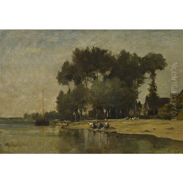 Uferpartie Mit Wascherinnen Oil Painting by Charles-Francois Daubigny