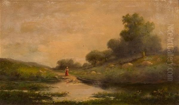 Lady On A Riverbank Oil Painting by Charles-Francois Daubigny