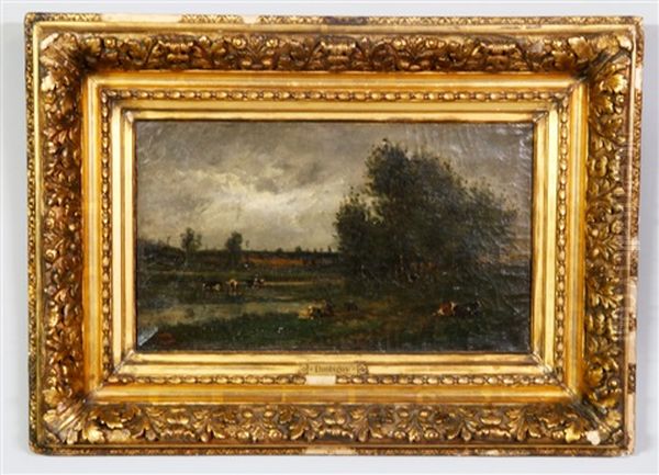 Landscape With Cows And Figures Oil Painting by Charles-Francois Daubigny