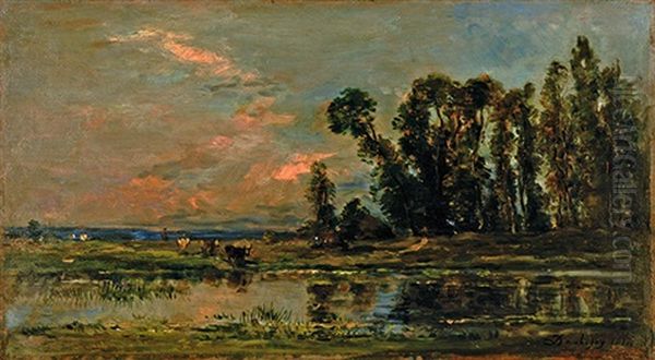 Vaches A La Mare Oil Painting by Charles-Francois Daubigny