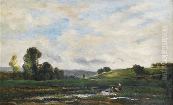 Deux Lavandieres A La Riviere Oil Painting by Charles-Francois Daubigny