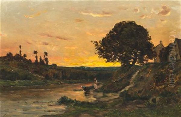 Landscape With Two Women Washing Clothes Oil Painting by Charles-Francois Daubigny