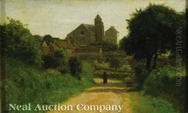 Woman On A Path Beside A Church Oil Painting by Charles-Francois Daubigny