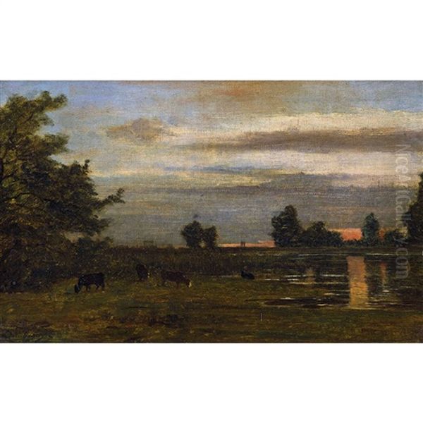 Weidende Kuhe Im Abendrot Oil Painting by Charles-Francois Daubigny