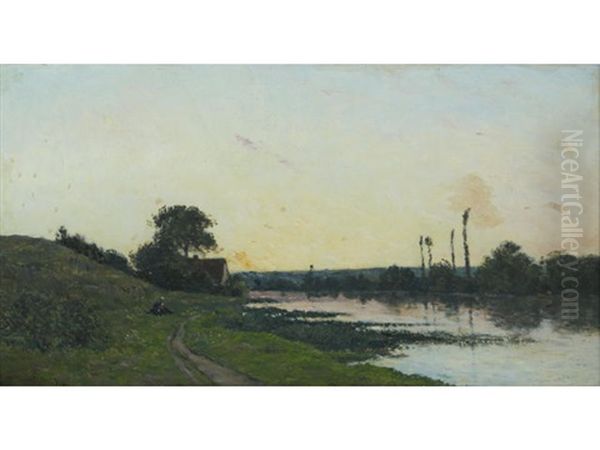Maison Au Bord De La Riviere, Au Coucher Du Soleil Oil Painting by Charles-Francois Daubigny