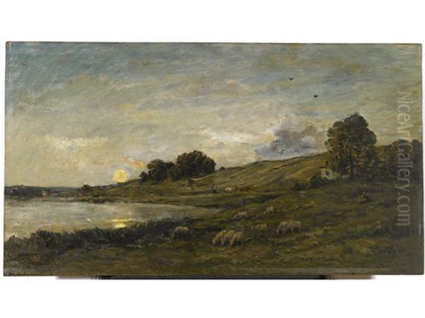 Troupeau De Moutons Au Bord De La Riviere Oil Painting by Charles-Francois Daubigny