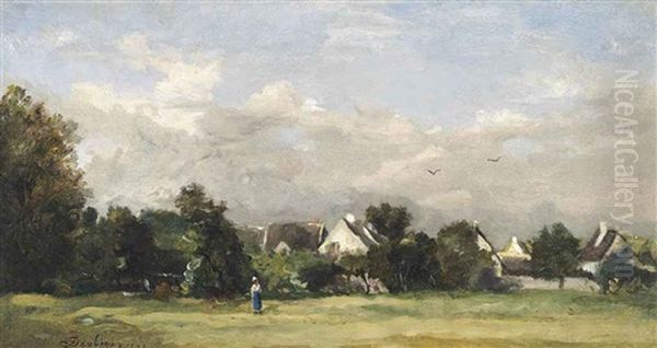 Paysanne Pres D'un Village Oil Painting by Charles-Francois Daubigny