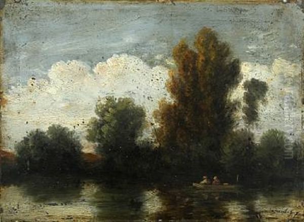 Landscape With Persons In A Rowing Boat On A River Oil Painting by Charles-Francois Daubigny