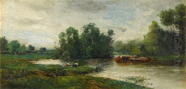 Lavandieres, Ile De Vaux Oil Painting by Charles-Francois Daubigny