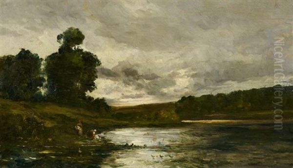 Lavandieres Sur L'oise. Wascherinnen An Der Oise Oil Painting by Charles-Francois Daubigny