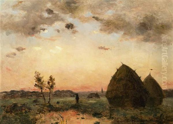 Soleil Couchant A Barbizon Oil Painting by Charles-Francois Daubigny