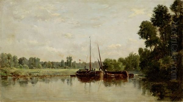 Flusslandschaft Mit Lastkahn Oil Painting by Charles-Francois Daubigny