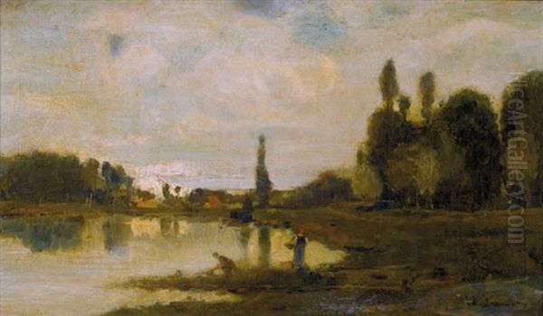 Wascherinnen Am Flussufer Oil Painting by Charles-Francois Daubigny