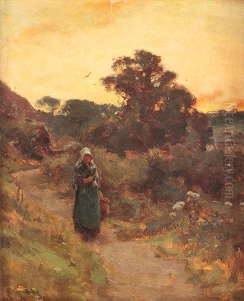 Landscape At Sunset, Girls From Bretania On The Way Home Oil Painting by Charles-Francois Daubigny