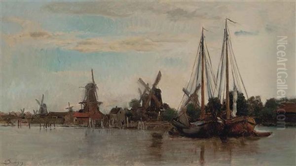 Barges Moored On A Dutch Waterway Oil Painting by Charles-Francois Daubigny