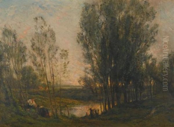 Les Pecheurs D'ecrevisses Oil Painting by Charles-Francois Daubigny