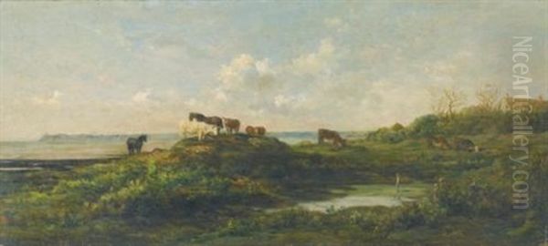 Vaches Au Bord De La Mare, Aux Hauteurs De Villerville Oil Painting by Charles-Francois Daubigny