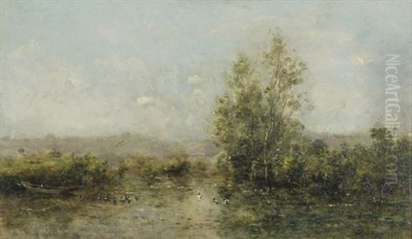 The River Scenery With Wild Birds Oil Painting by Charles-Francois Daubigny