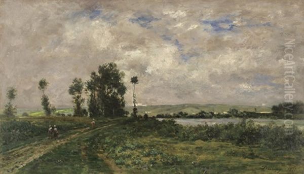 Archeveche Bridge, L'eure Riverside Oil Painting by Charles-Francois Daubigny