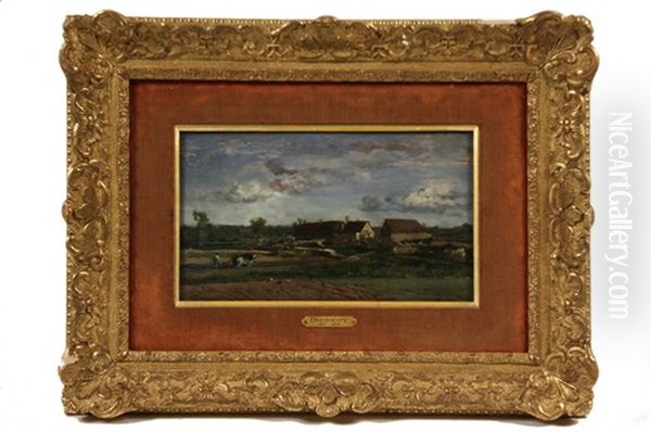 French Farm With Farmer At Plow Oil Painting by Charles-Francois Daubigny