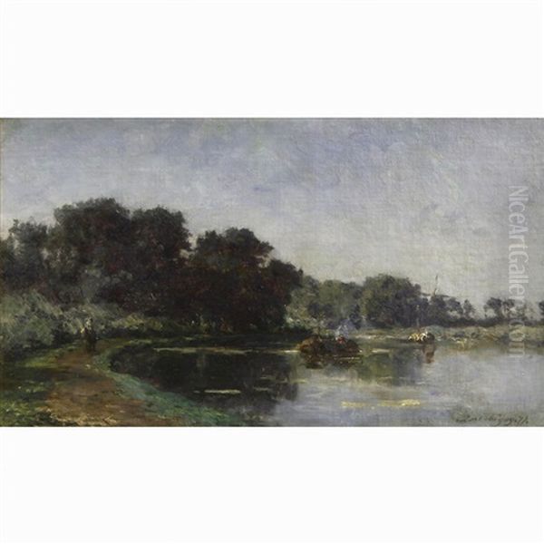 A Towpath Beside A River Oil Painting by Charles-Francois Daubigny