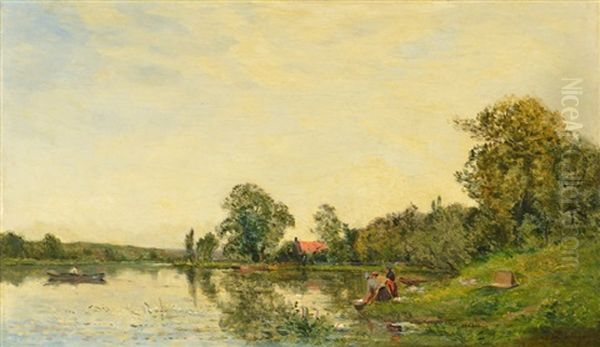 Lavanderas A Orillas Del Rio Oil Painting by Charles-Francois Daubigny