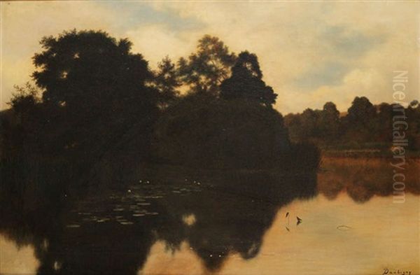 Etang Aux Nenuphars Borde D'arbres Oil Painting by Charles-Francois Daubigny