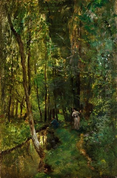 Waldinneres Mit Bachlauf, Angler Und Frau Oil Painting by Charles-Francois Daubigny