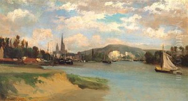 City On A River Bank In France (harbour Of Rouen?) Oil Painting by Charles-Francois Daubigny