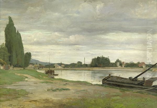 Fluslandschaft Mit Ankerndem Lastkahn Oil Painting by Charles-Francois Daubigny