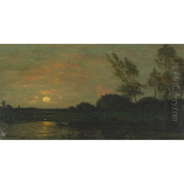 Coucher De Soleil Sur La Riviere (l'oise) Oil Painting by Charles-Francois Daubigny