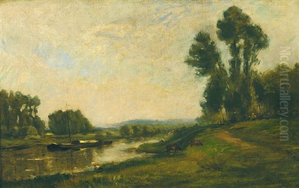 Impressionistische Flusslandschaft Mit Kahn, Weidendem Vieh Und Wascherin Oil Painting by Charles-Francois Daubigny