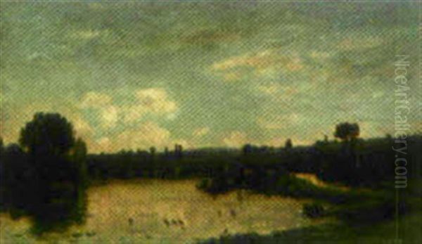 Les Laveuses Pres De Valmondois Oil Painting by Charles-Francois Daubigny