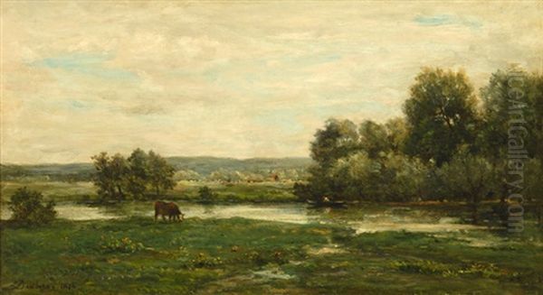 Grazing By Riverbank With A Boater Beyond Oil Painting by Charles-Francois Daubigny