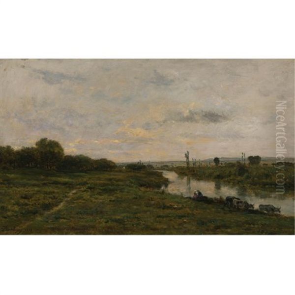 Vaches Au Bord De La Seine, A Conflans Oil Painting by Charles-Francois Daubigny