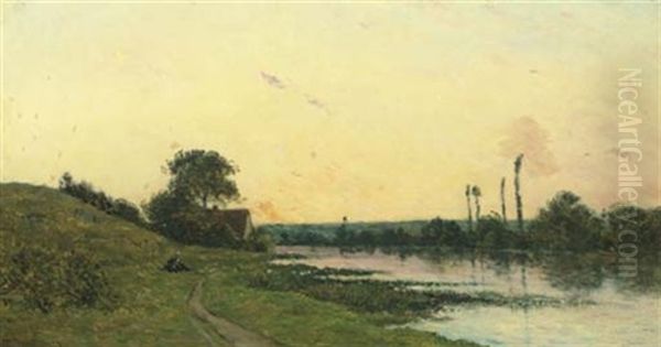 Maison Au Bord De La Riviere, Au Coucher Du Soleil Oil Painting by Charles-Francois Daubigny
