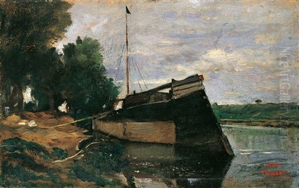 Flusslandschaft Mit Einem Boot Am Ufer Oil Painting by Charles-Francois Daubigny