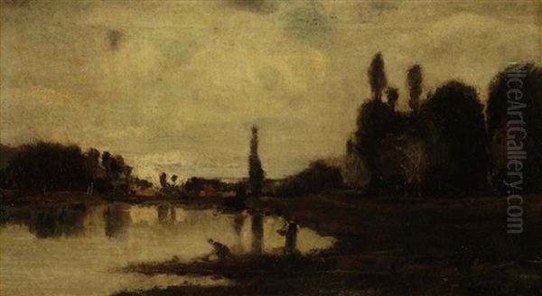 Flusslandschafft Mit Wascherinnen Oil Painting by Charles-Francois Daubigny