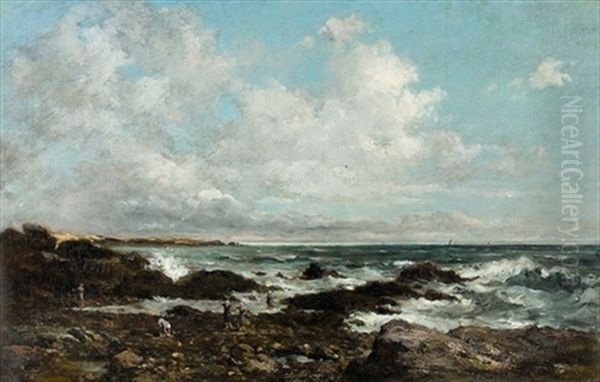 Kustenpartie Mit Krevettensammlerinnen Oil Painting by Charles-Francois Daubigny