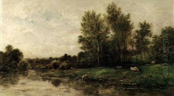 Figures Resting Under A Tree With Sheep Near A River Oil Painting by Charles-Francois Daubigny