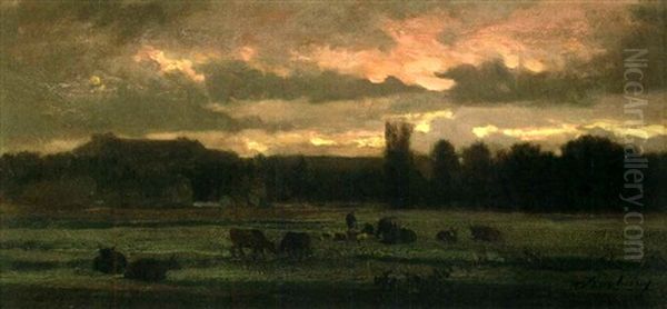 Coucher De Soleil Sur La Campagne Oil Painting by Charles-Francois Daubigny