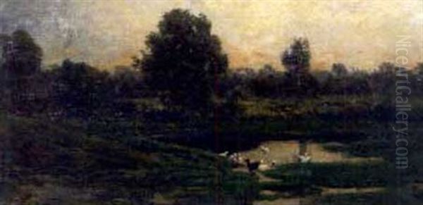 Woodland Pond Oil Painting by Charles-Francois Daubigny
