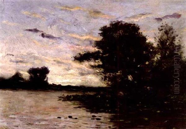 A River Landscape With Boatmen Oil Painting by Charles-Francois Daubigny