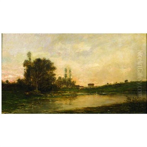 A River View With Figures On A Boat At Dusk Oil Painting by Charles-Francois Daubigny