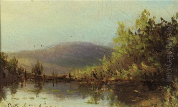 Lakeside Landscape With Distant Mountains Oil Painting by Charles-Francois Daubigny
