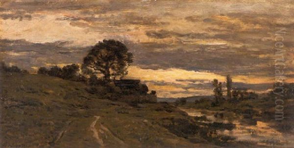 Sunset Over A Path Along The River Oil Painting by Charles-Francois Daubigny